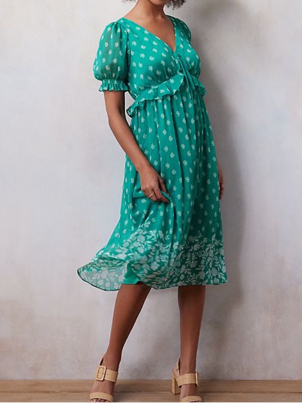 LC Lauren Corrad Floral Chiffon Pleated Empire Waist V-Neck Dress Turquoise XL